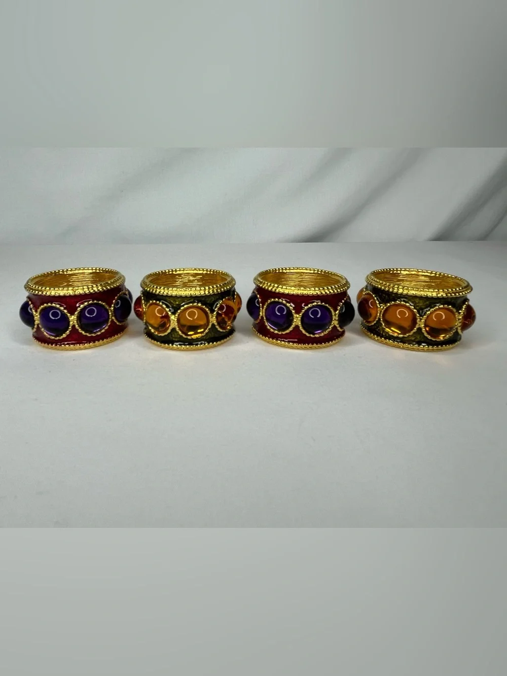 Vintage Luxury Hand Enameled Napkin Rings By Mike+Ally-Gold With Stones